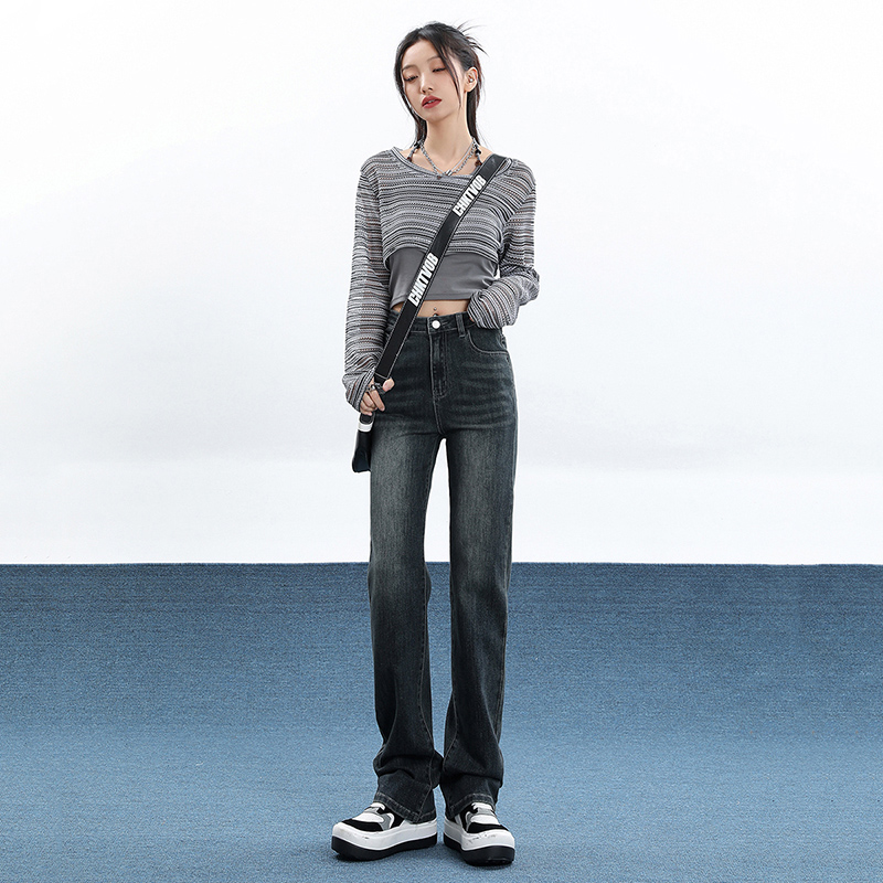 ~Nano-washed high-waisted narrow jeans for women 2023 autumn slim cigarette pants straight-leg floor mopping pants