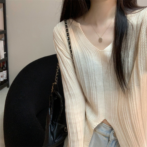 Autumn Korean style slim V-neck slit long-sleeved sweater women's top