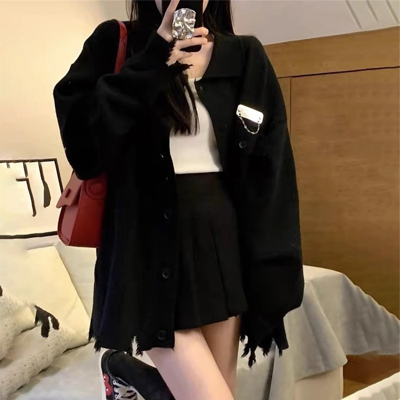 New autumn and winter large size black sweater cardigan knitted jacket oversize paired with a lazy loose Japanese top