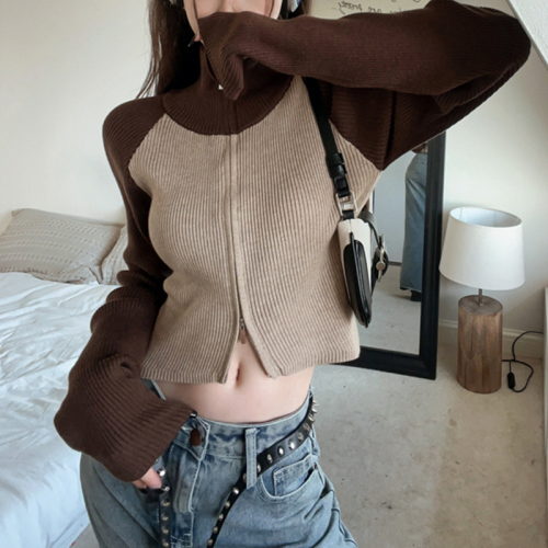 Contrast color raglan sleeves double zipper knitted cardigan for women autumn and winter hot girl design slim short turtleneck sweater