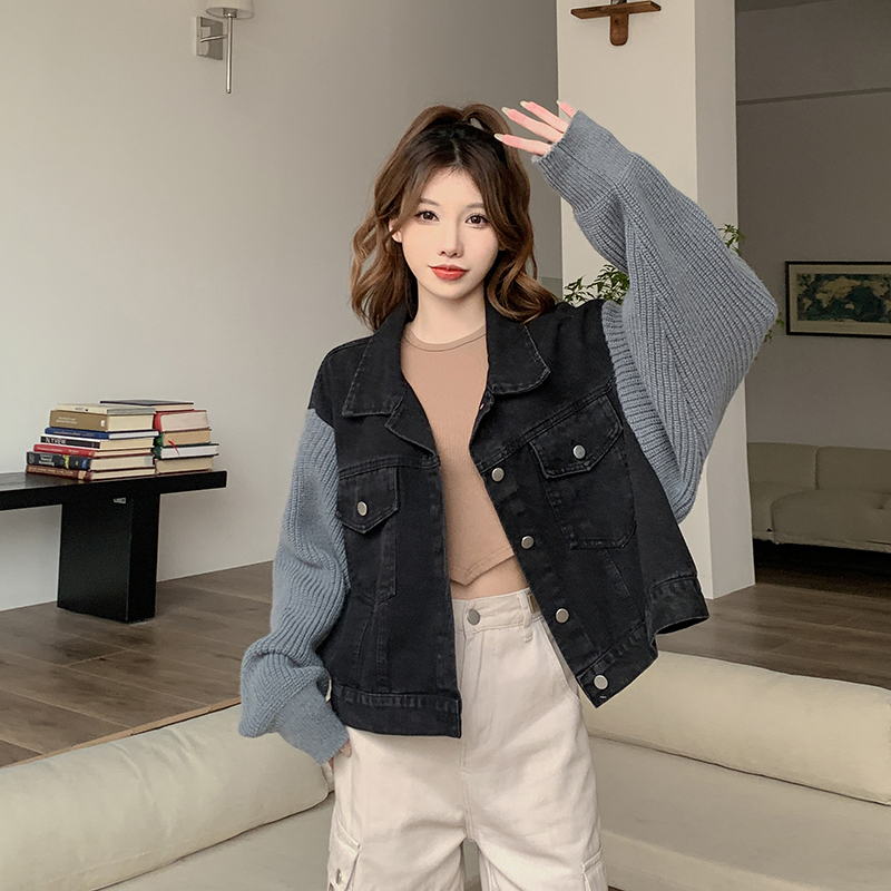 ~Knitted splicing long-sleeved denim jacket for women 2023 new polo collar sweet and cool short top trendy