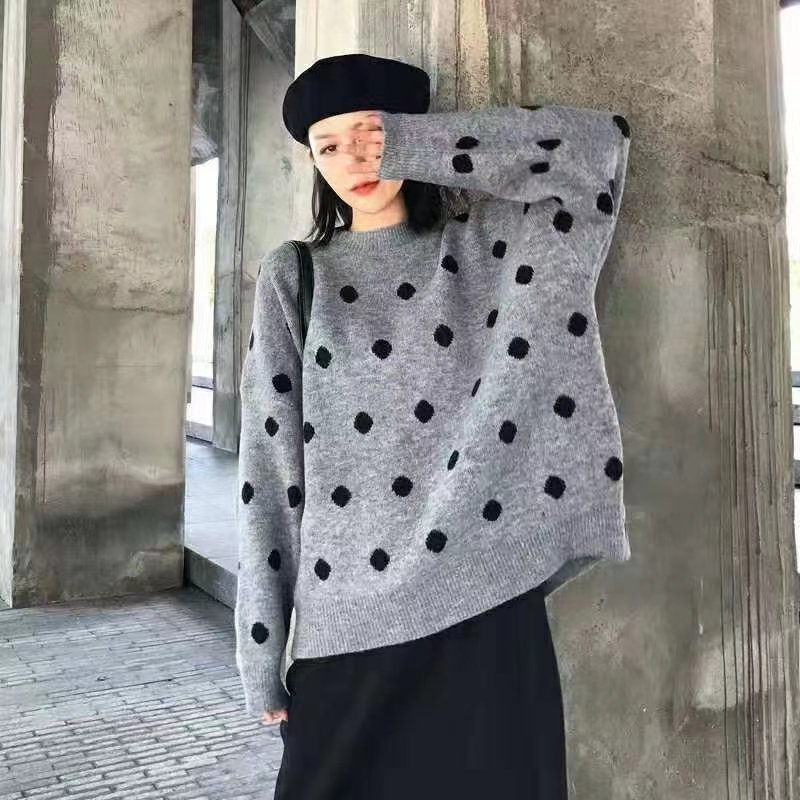 New autumn and winter large size women's college style retro polka dot sweater student sweet loose pullover long-sleeved sweater