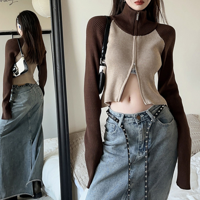 Contrast color raglan sleeves double zipper knitted cardigan for women autumn and winter hot girl design slim short turtleneck sweater
