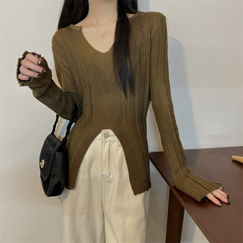 Autumn Korean style slim V-neck slit long-sleeved sweater women's top