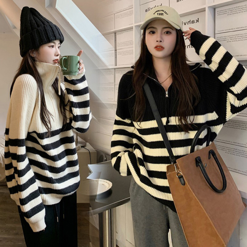 New autumn and winter plus size women's clothing design niche half-turtle collar striped long-sleeved pullover lazy style high-end sweater