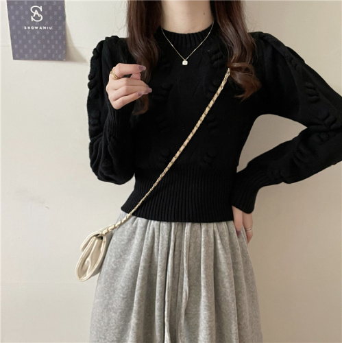 ~Autumn and winter Korean style hollow knitted puff sleeves retro waisted temperament slimming knitted sweater