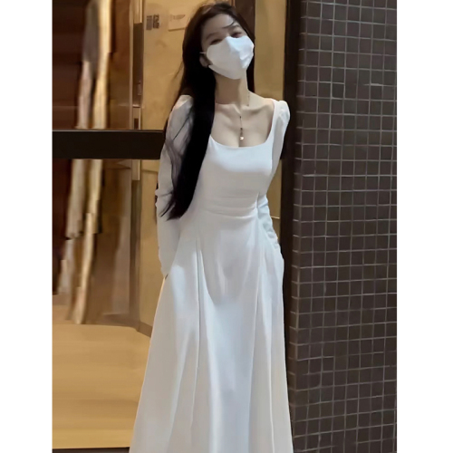 Official photo~White long-sleeved dress, spring and autumn French style for small people, tea break, first love, waist-cinching A-line long dress