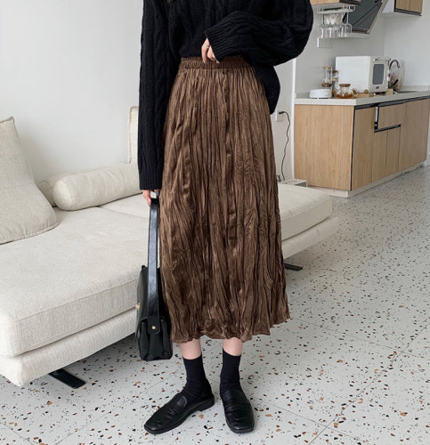 ~2023 new high-waisted slimming mid-length velvet pleated skirt a-line skirt versatile skirt for women