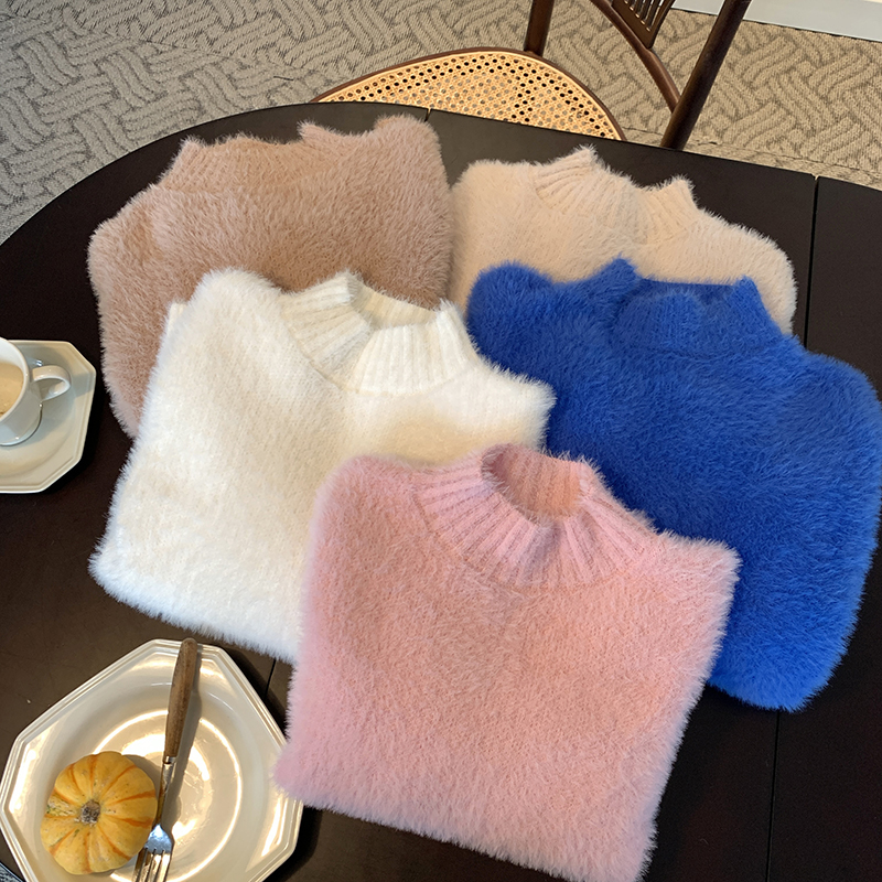 Plush, soft and waxy half turtleneck thickened sweater Korean style gentle style knitted top worn inside and outside