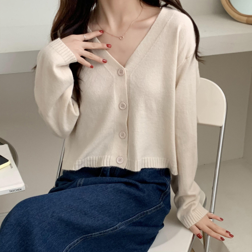 V-neck short cardigan jacket slimming long-sleeved sweater top