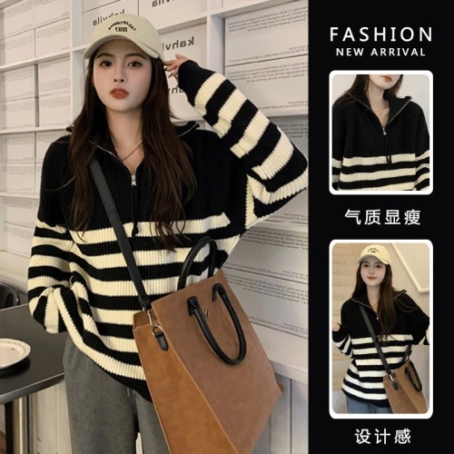 New autumn and winter plus size women's clothing design niche half-turtle collar striped long-sleeved pullover lazy style high-end sweater