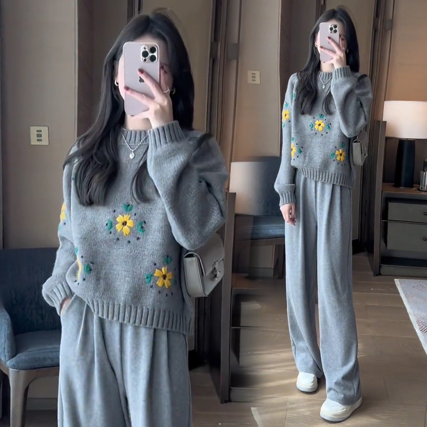 九莉花香流轉重工手工鈎花立體刺繡鈎花套頭毛衣重工毛衣百褶裙裝