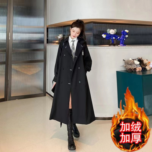 Velvet/thin high-end black windbreaker women's mid-length 2023 autumn and winter new small coat coat