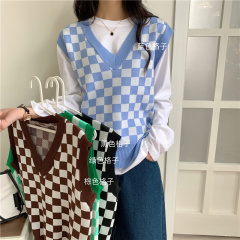 New Checkerboard Knitted V-Neck Vest Loosely Layered Over Sleeveless Vest for Women