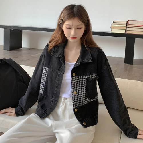 ~2023 Autumn Black Spliced ​​Denim Jacket Women’s Short Casual Loose Jacket Top Versatile