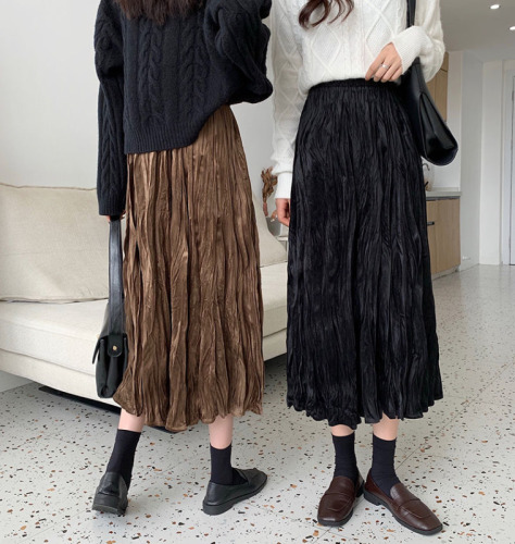 ~2023 new high-waisted slimming mid-length velvet pleated skirt a-line skirt versatile skirt for women