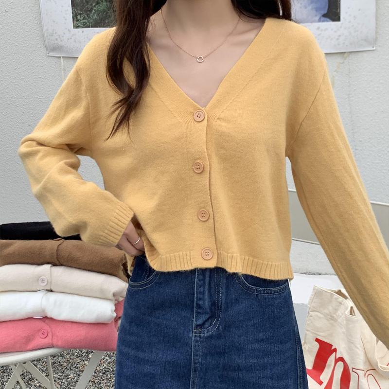 V-neck short cardigan jacket slimming long-sleeved sweater top
