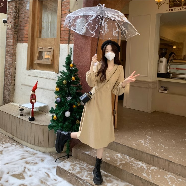 High-end first love coffee break skirt corduroy with coat long skirt women's autumn French gentle style dress chic