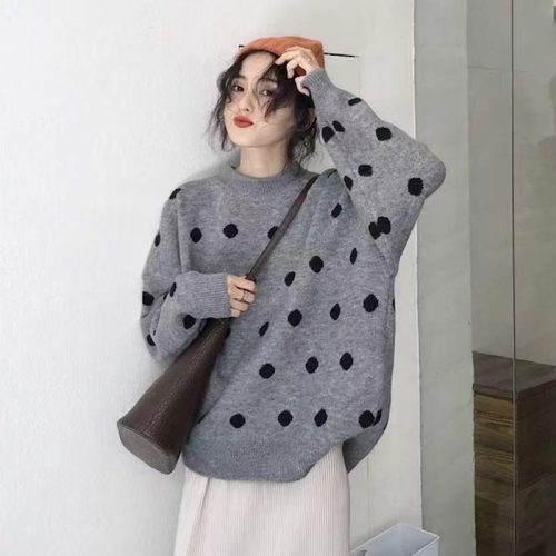 New autumn and winter large size women's college style retro polka dot sweater student sweet loose pullover long-sleeved sweater