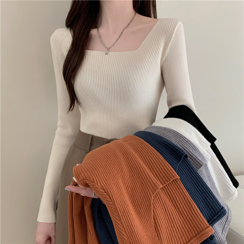 Slim slimming square neck pullover long sleeve knitted bottoming shirt for women