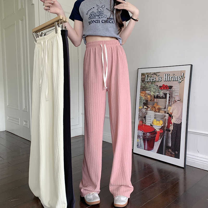 Casual and versatile wide-leg trousers, high-waisted, slimming, drawstring, small, loose, straight-leg, floor-length trousers