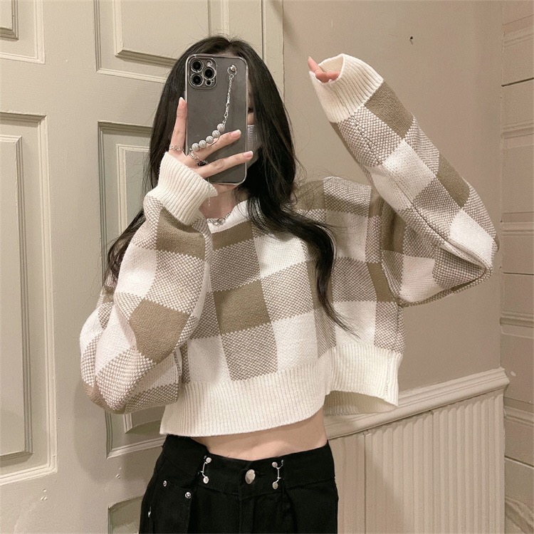 Korean checkerboard plaid short sweater, loose, versatile, lazy, slimming, soft and waxy top for women