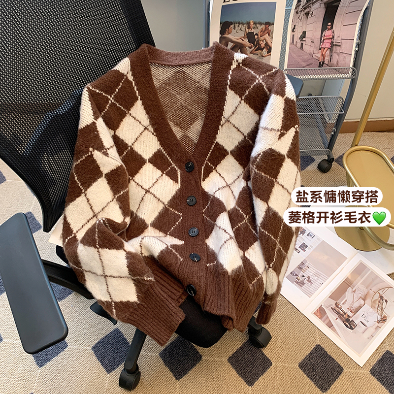 格紋針織開衫外套女秋季新款慵懶風寬鬆毛衣復古羊毛上衣
