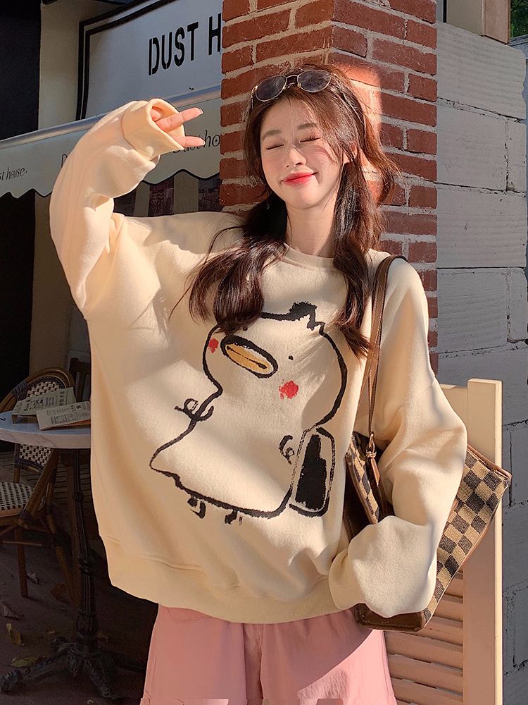 Design niche cartoon print plus velvet thickened pullover sweatshirt women's autumn and winter loose oversize casual top