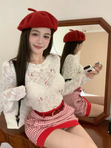 ~Chunshan Cherry Autumn Outing Knitted Long-Sleeved Top Houndstooth Red Skirt Suit