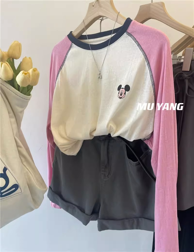 Official picture extra large size pure cotton 300 pounds raglan sleeves contrast color Mickey 2023 autumn long-sleeved top