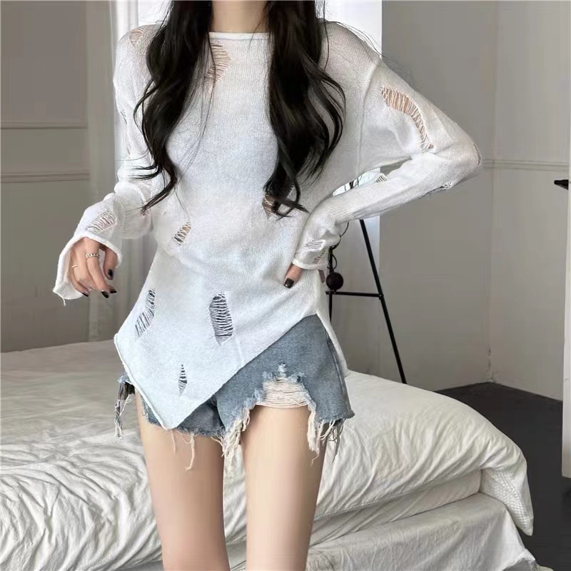 Pure Desire Hot Girl Hollow Hollow Long Sleeve Sweater Women's Early Autumn New Sweater Irregular Off-The-Shoulder Thin Top
