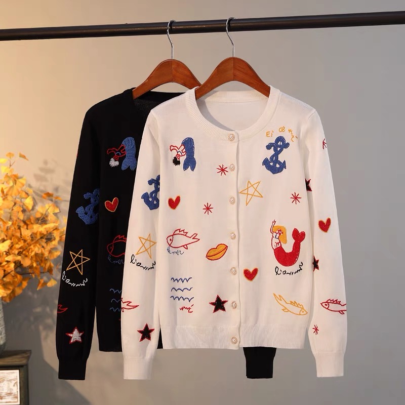 重工美人魚海底世界刺繡開衫春秋季修身外套甜美減齡氣質針織上衣