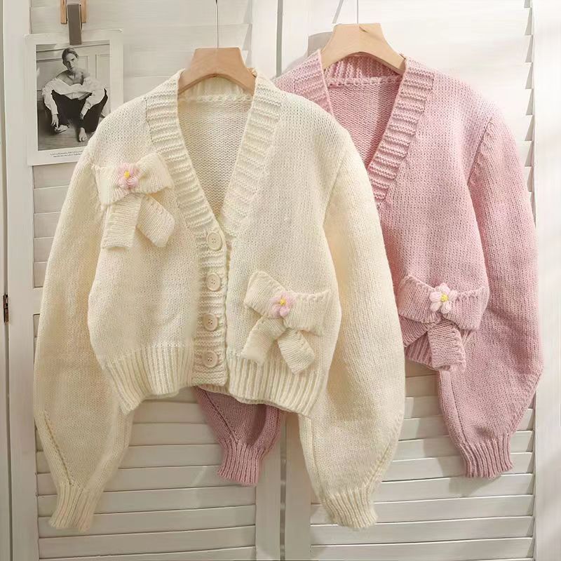 Korean style loose and slim three-breasted cardigan sweater for women 2023 new bow short long-sleeved versatile sweater