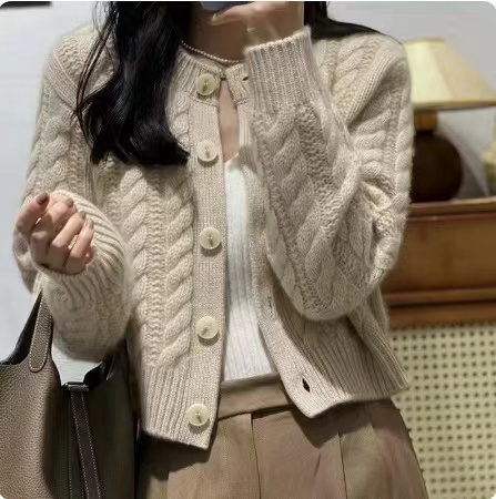 2023 Early Autumn New Short Round Neck Wool Cardigan Women's Twist Solid Color Single-breasted Versatile Jacket Sweater