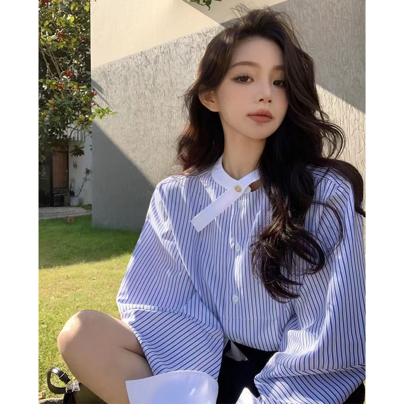 2023 new design niche blue striped shirt tops women's unique chic small shirts spring and autumn styles