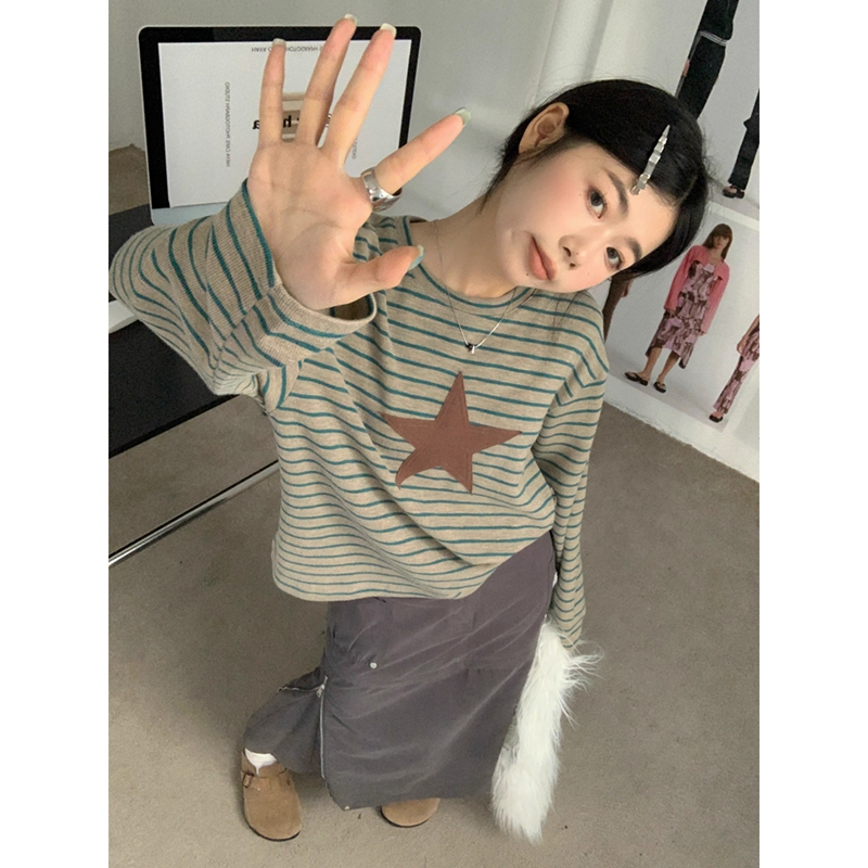 6535 stretch cotton Korean version super hot American niche retro striped long-sleeved T-shirt women's autumn new student top