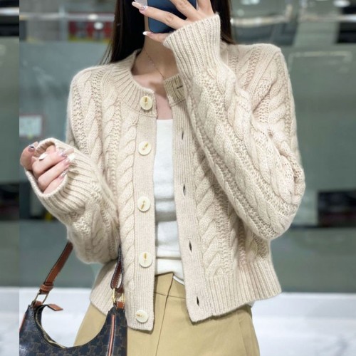 2023 Early Autumn New Short Round Neck Wool Cardigan Women's Twist Solid Color Single-breasted Versatile Jacket Sweater