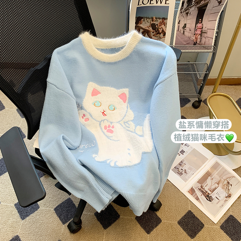 秋季軟糯可愛貓咪毛衣女慵懶風寬鬆卡通刺繡奶甜針織衫配圍巾