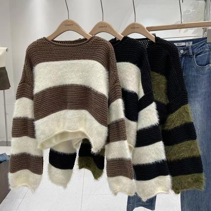 Western style striped contrast color mohair soft waxy sweater retro loose short knitted sweater