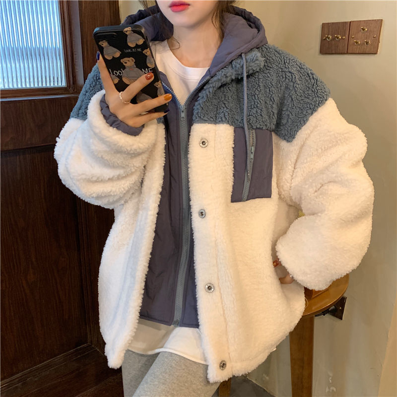 Original workmanship coat for women autumn and winter 2023 new lamb wool plus velvet thickened Korean style loose cotton coat