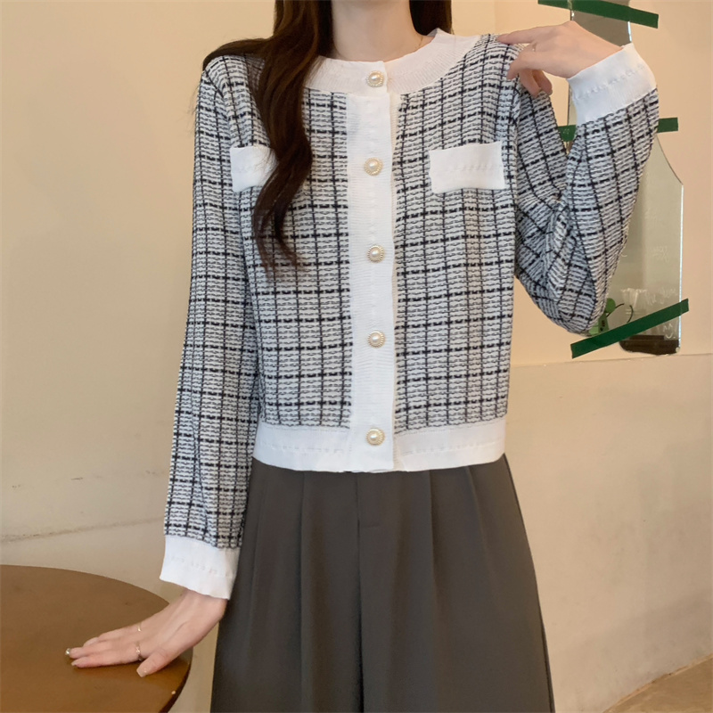 Xiaoxiangfeng coat women's 2023 new houndstooth short cardigan top