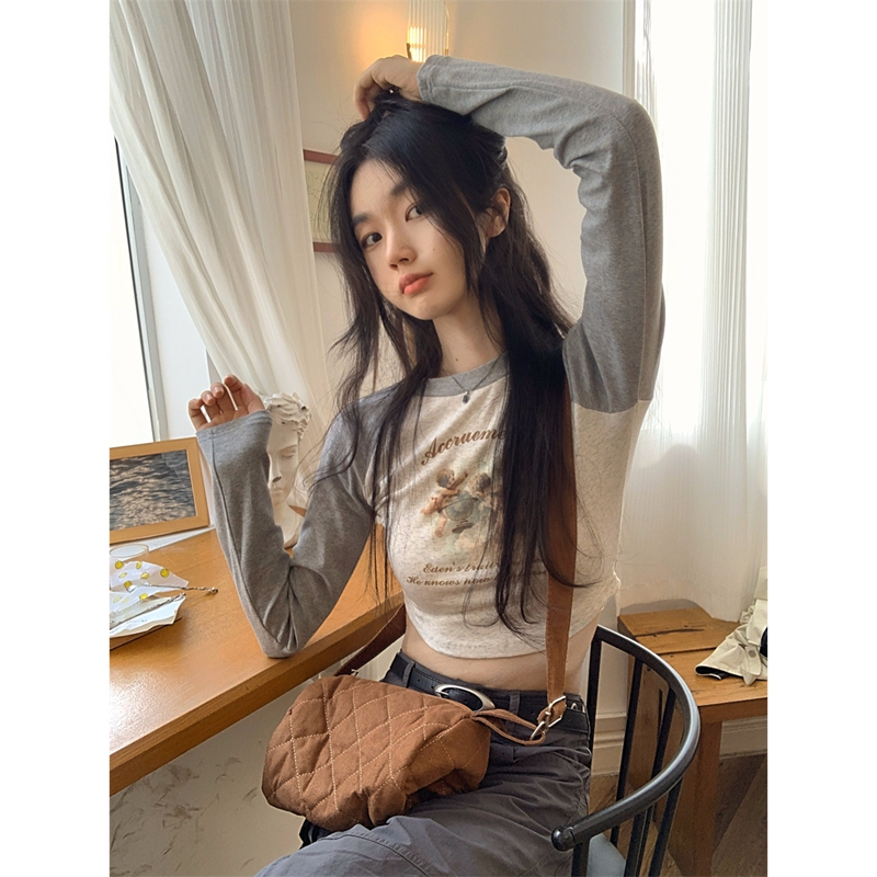 6535 stretch cotton super popular Korean style slim short long-sleeved T-shirt for women American retro hottie color matching inner top