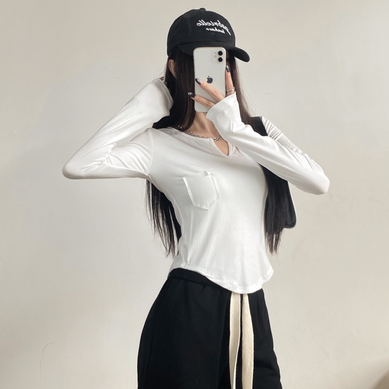 New fashionable ammonia velvet V-neck long-sleeved women's T-shirt brushed pocket bottoming shirt autumn and winter clothing