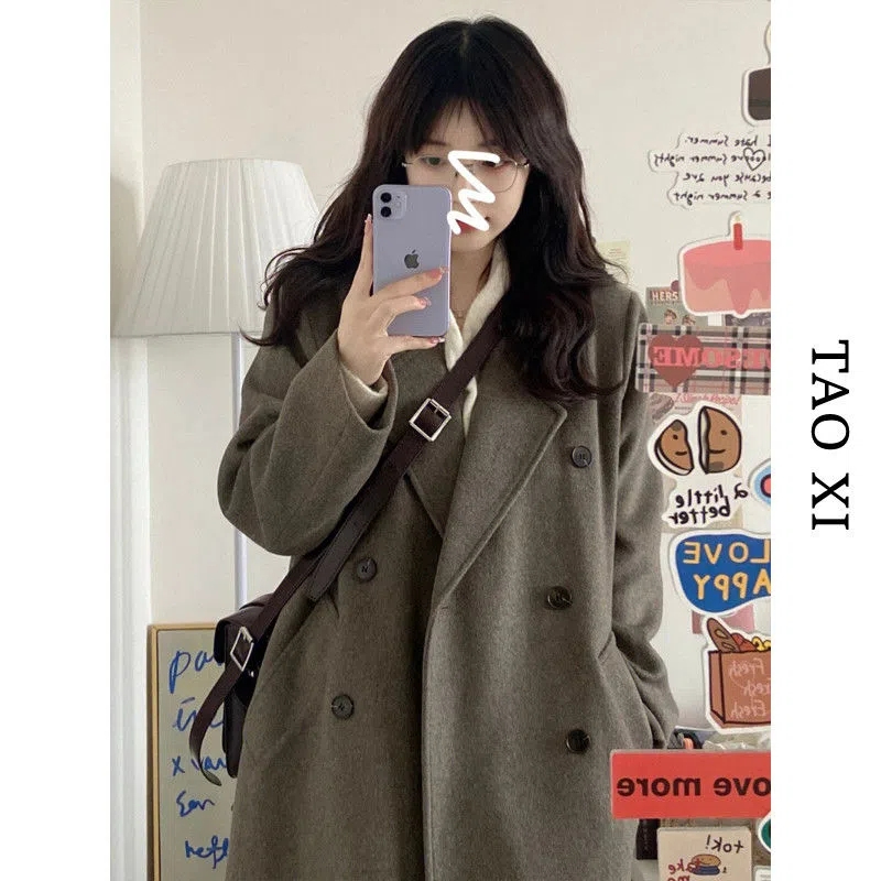 2023 Autumn and Winter New Student Korean Style Loose Slim Black Woolen Coat Women's Medium Long Thickened Woolen Coat