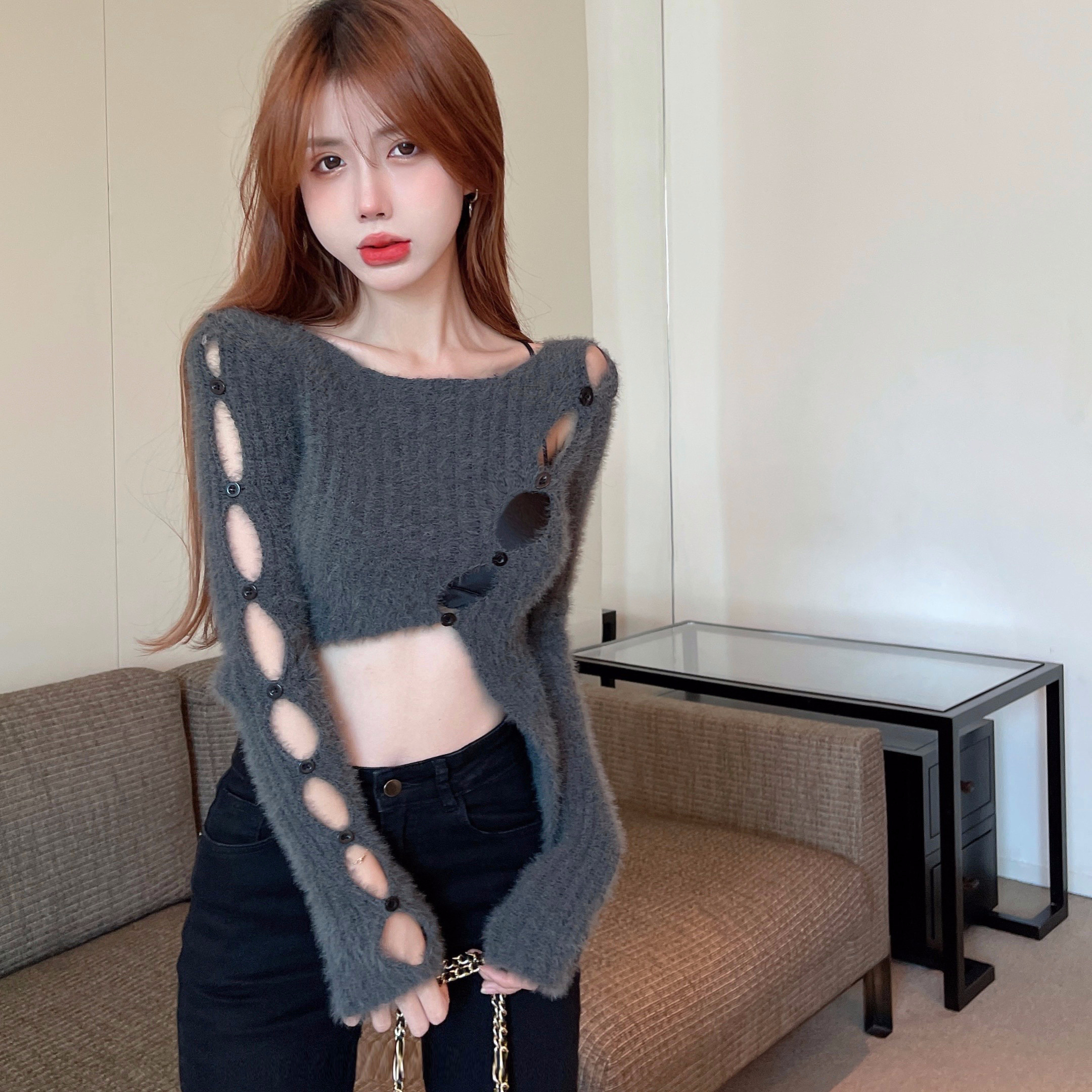 Korean style Barbie long-sleeved sweater for women hollow early autumn irregular diagonal cardigan jacket short top