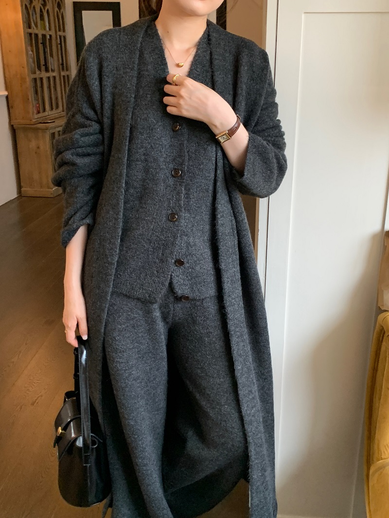 Lazy v-neck single-breasted vest long knitted cardigan + casual straight wide-leg pants three-piece set