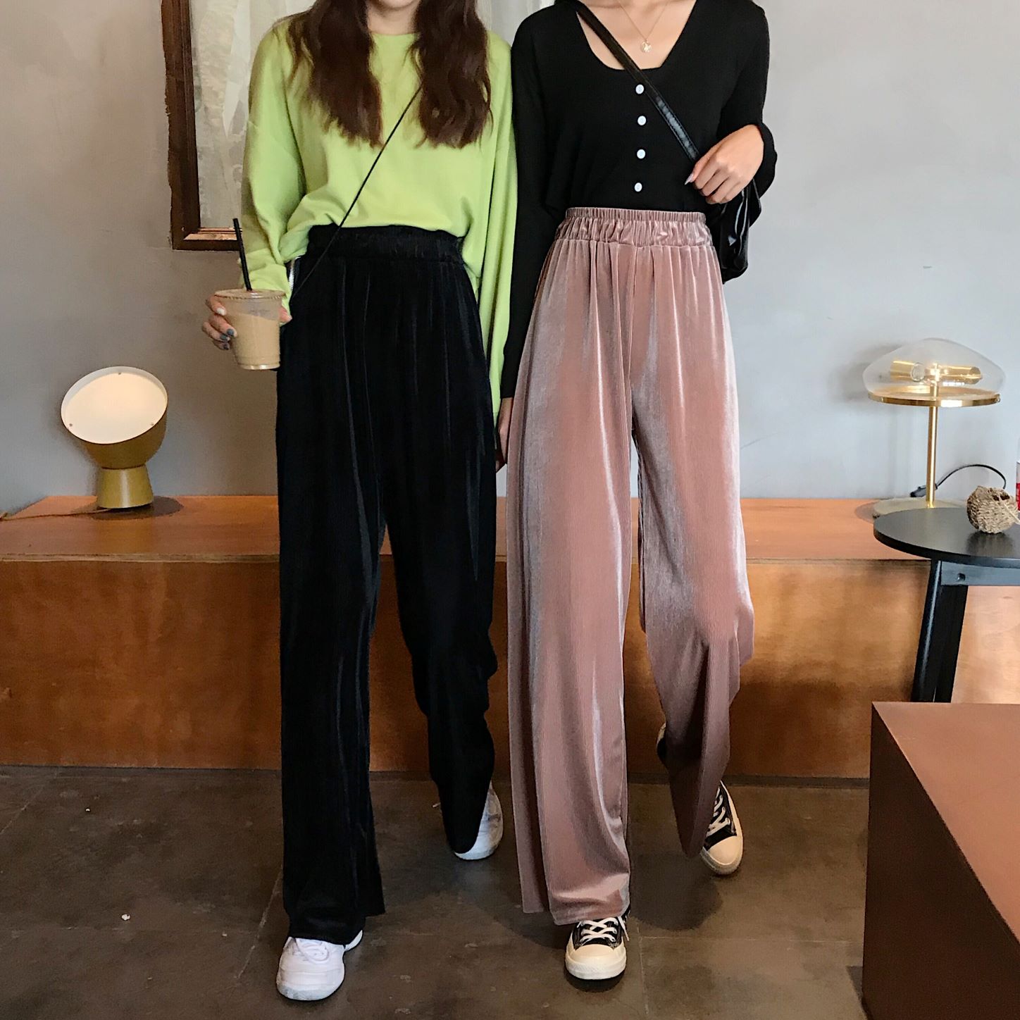240g Korean velvet 530# Autumn Korean version fat girl loose high waist straight casual velvet wide leg pants