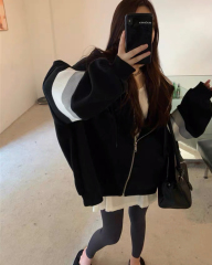 Cardigan black gray sweatshirt jacket for women spring and autumn 2023 new retro chic Hong Kong style mid-length zipper top trendy