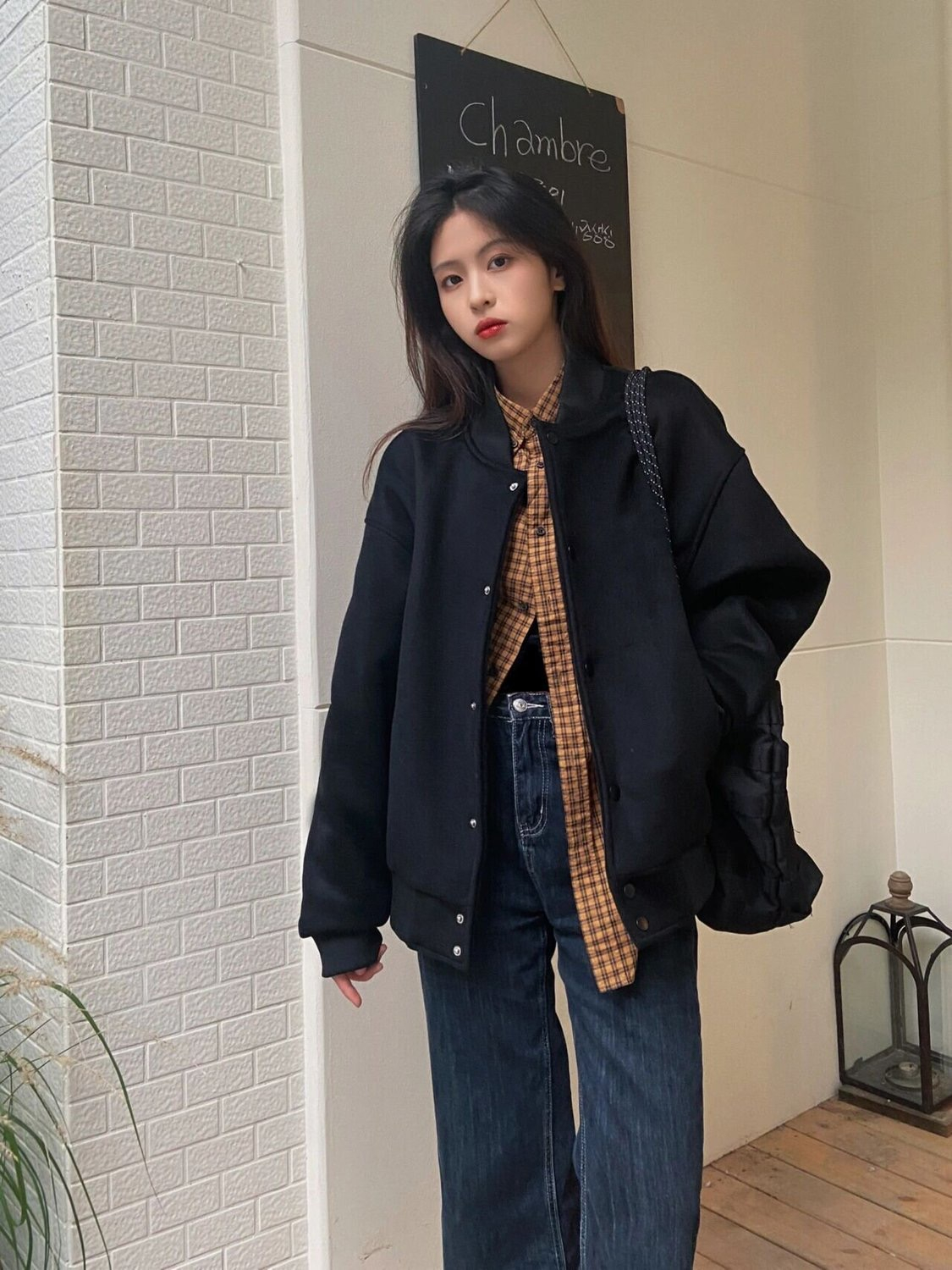 Woolen black baseball uniform jacket for women spring and autumn new loose retro fashion versatile vintage jacket top