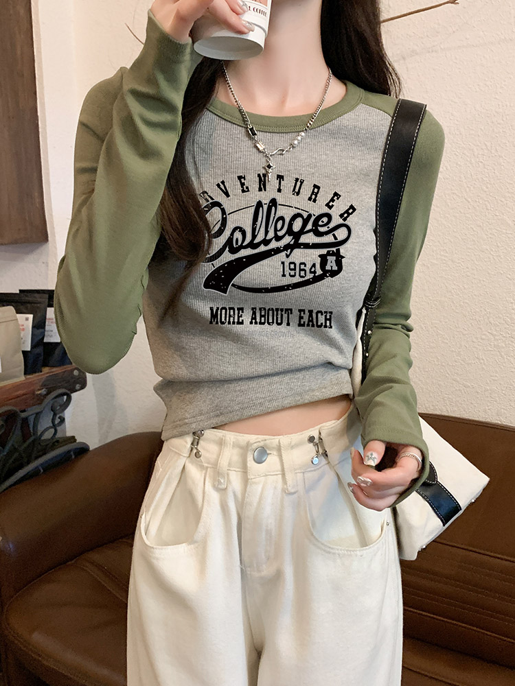 Autumn and winter Korean style new raglan sleeve 260g pure cotton short threaded round neck long sleeve printed letter T-shirt